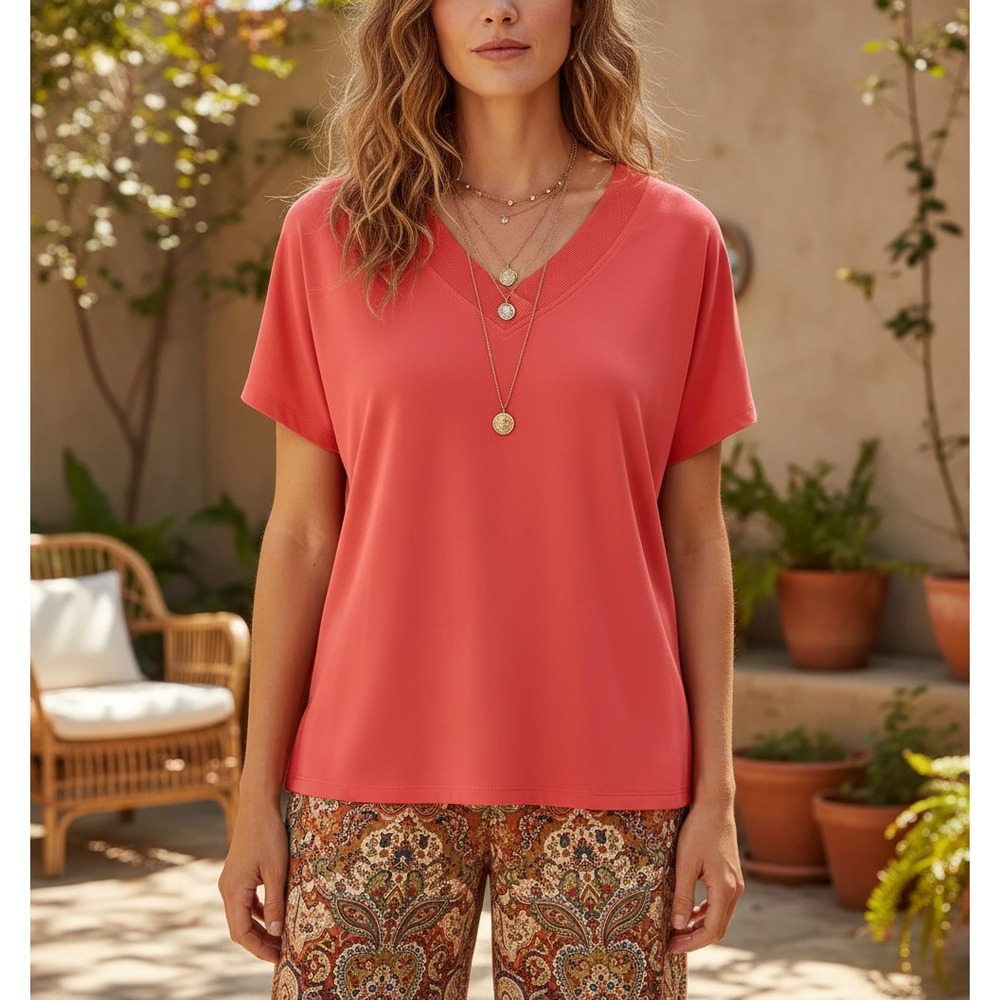 Dana Buchman L Coral Orange Top Chiffon Trim‎ Office Minimalist Casual Boho chic